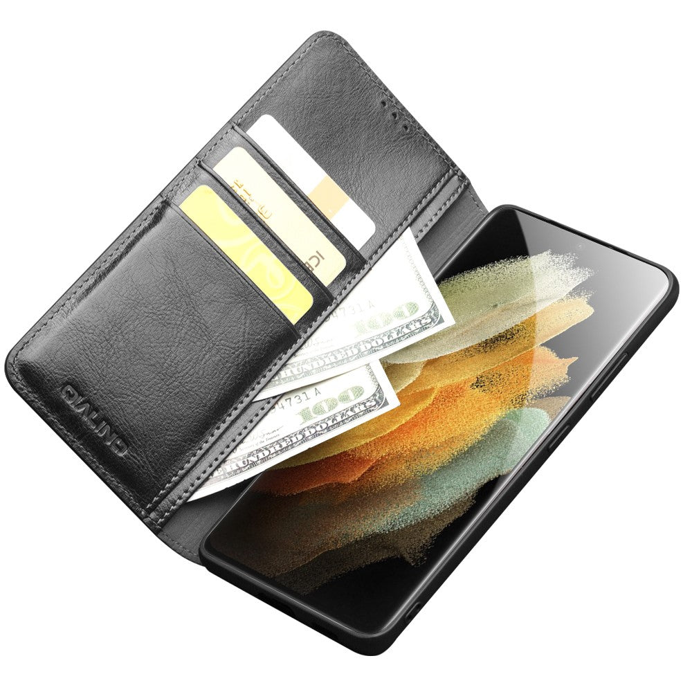 QIALINO Äkta Läder Mobilskal till Samsung Galaxy S21 Ultra 5G Stativ Plånboksfodral i Folio-format med Flip-Fodral