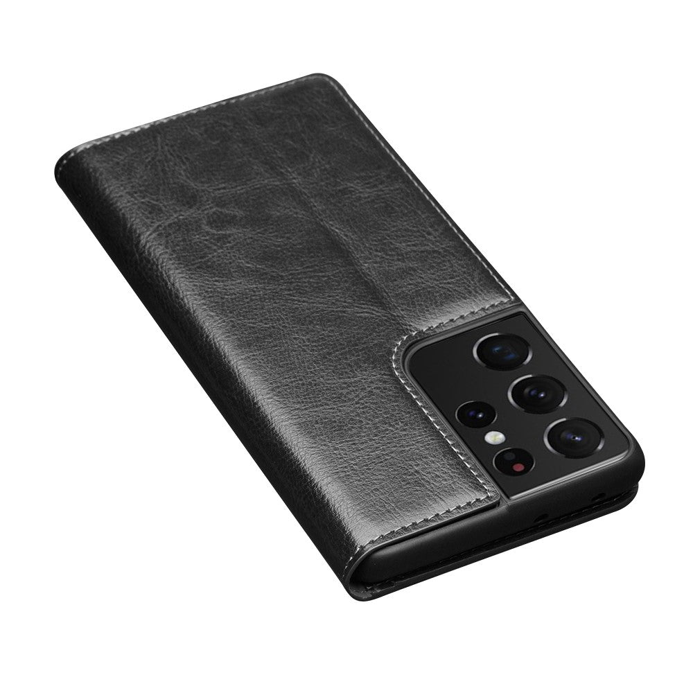 QIALINO Äkta Läder Mobilskal till Samsung Galaxy S21 Ultra 5G Stativ Plånboksfodral i Folio-format med Flip-Fodral