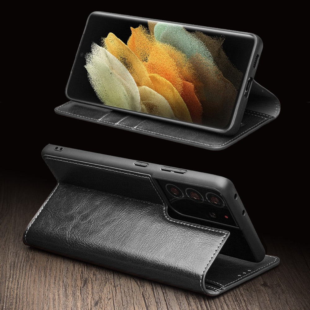QIALINO Äkta Läder Mobilskal till Samsung Galaxy S21 Ultra 5G Stativ Plånboksfodral i Folio-format med Flip-Fodral