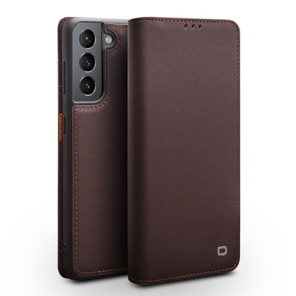 QIALINO Wallet Case Stand Genuine Cow Leather Flip Phone Cover for Samsung Galaxy S21 4G / 5G