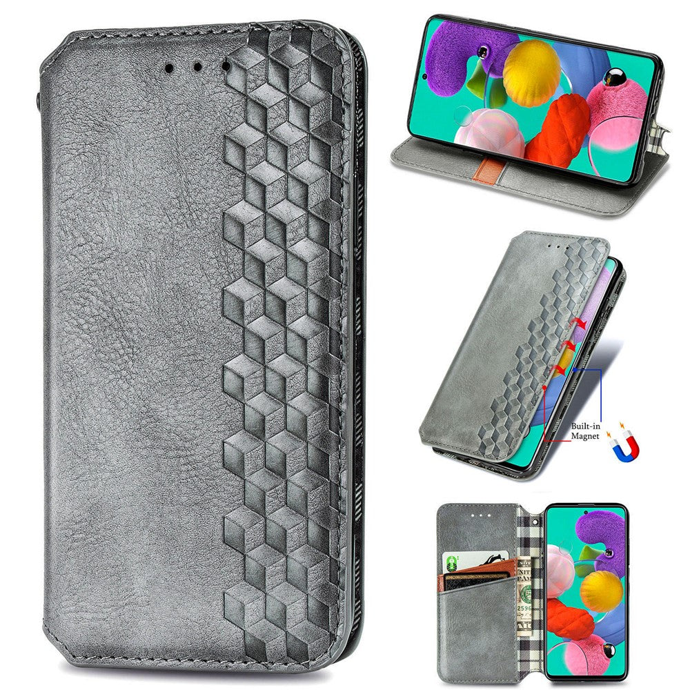 For Samsung Galaxy A51 4G SM-A515 PU Leather Case Rhombus Imprint Wallet Stand Phone Cover