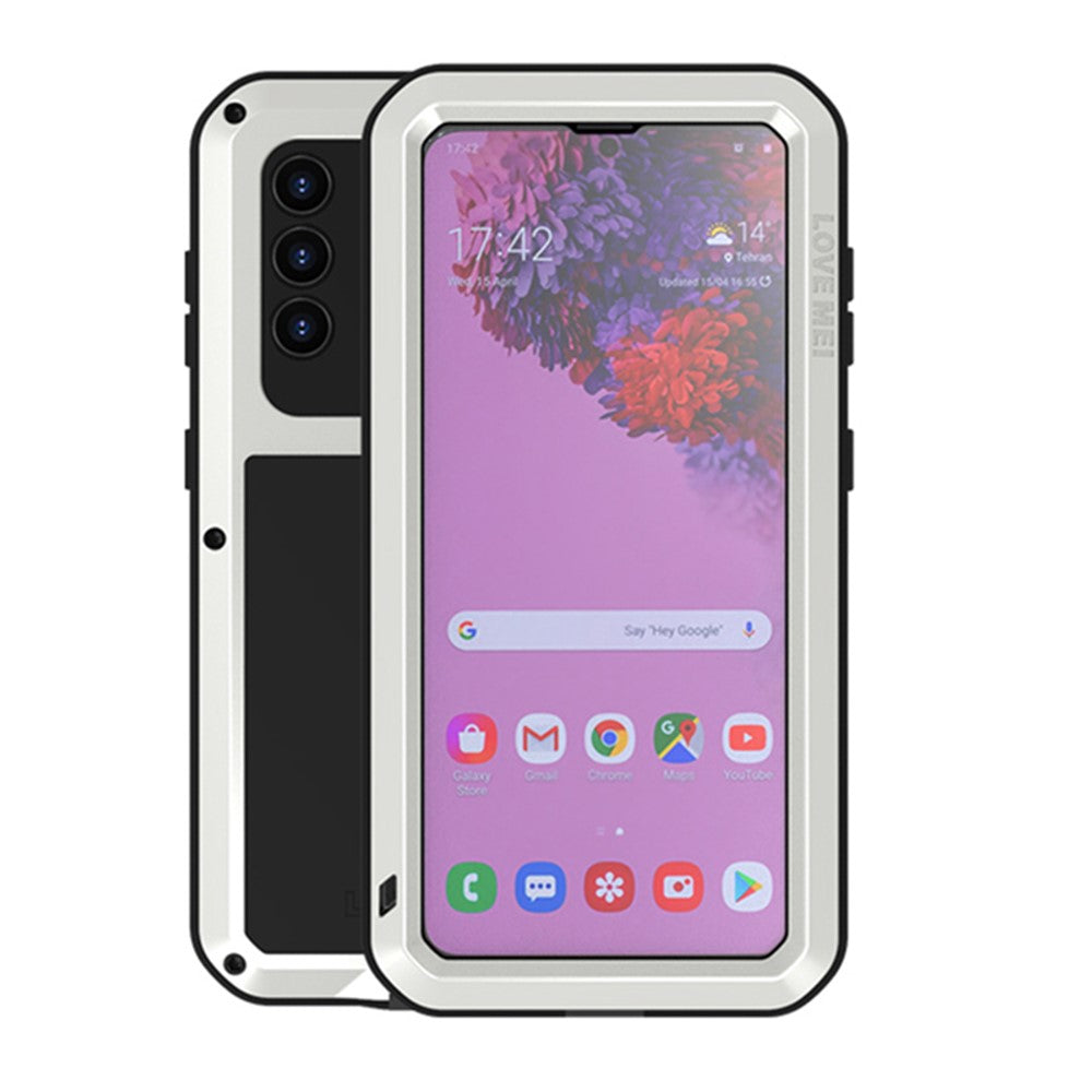 LOVE MEI stødsikkert, faldsikkert, støvtæt metal- og silikonecover med hærdet glasfilm til Samsung Galaxy S21 4G/5G