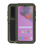 LOVE MEI stødsikkert, faldsikkert, støvtæt metal- og silikonecover med hærdet glasfilm til Samsung Galaxy S21 4G/5G