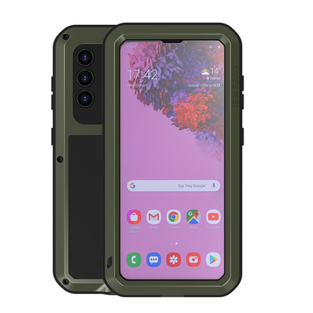 LOVE MEI stødsikkert, faldsikkert, støvtæt metal- og silikonecover med hærdet glasfilm til Samsung Galaxy S21 4G/5G