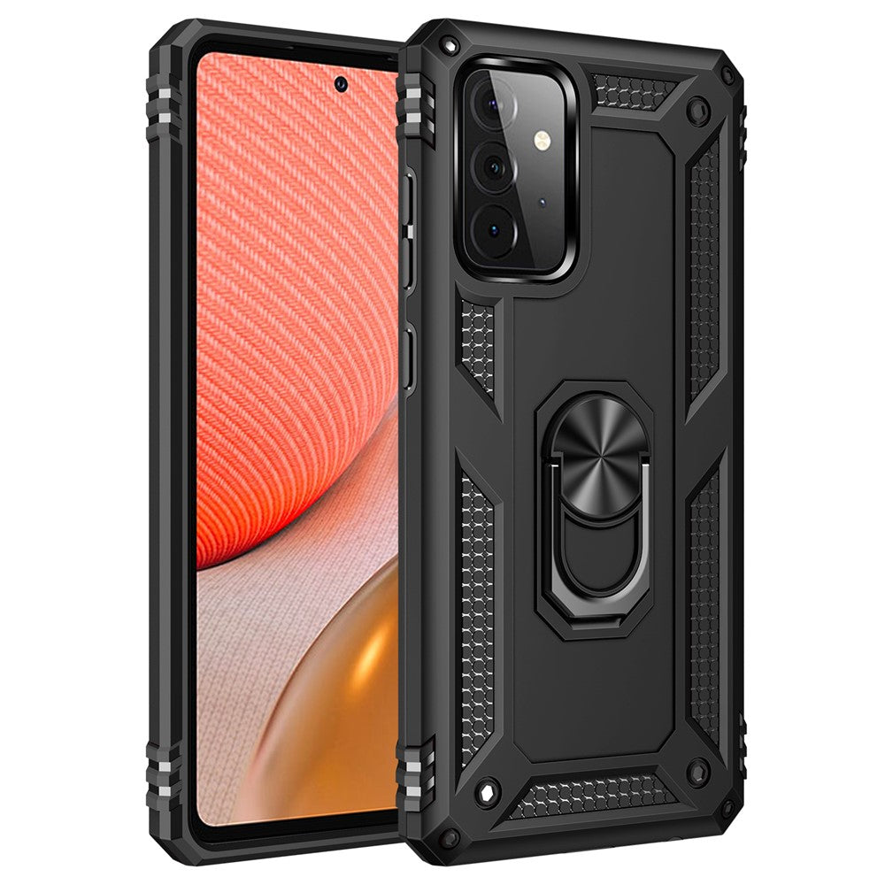 Hybrid PC + TPU Phone Case Shell Anti-Fall Finger Ring Kickstand for Samsung Galaxy A72 5G