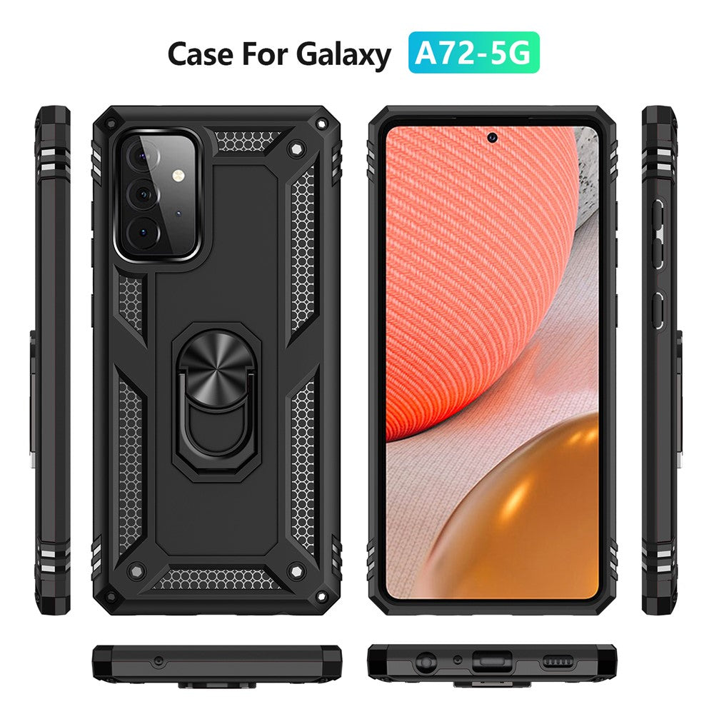 Hybrid PC + TPU Phone Case Shell Anti-Fall Finger Ring Kickstand for Samsung Galaxy A72 5G