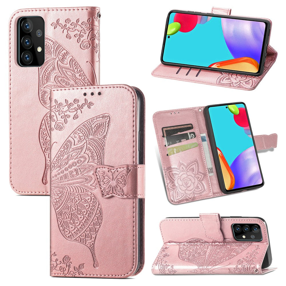 Imprint Big Butterfly Leather Wallet Phone Shell for Samsung Galaxy A52 4G/5G / A52s 5G