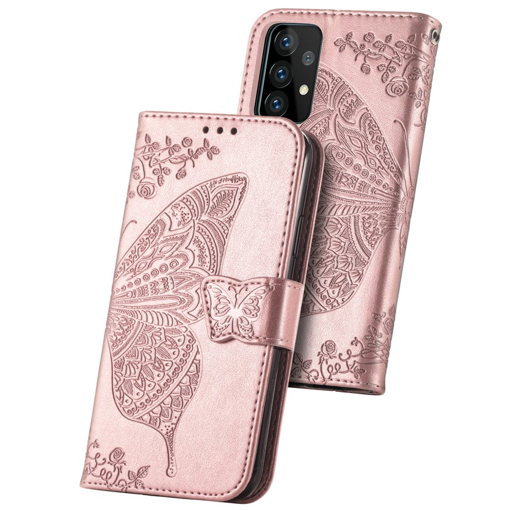 Imprint Big Butterfly Leather Wallet Phone Shell for Samsung Galaxy A52 4G/5G / A52s 5G