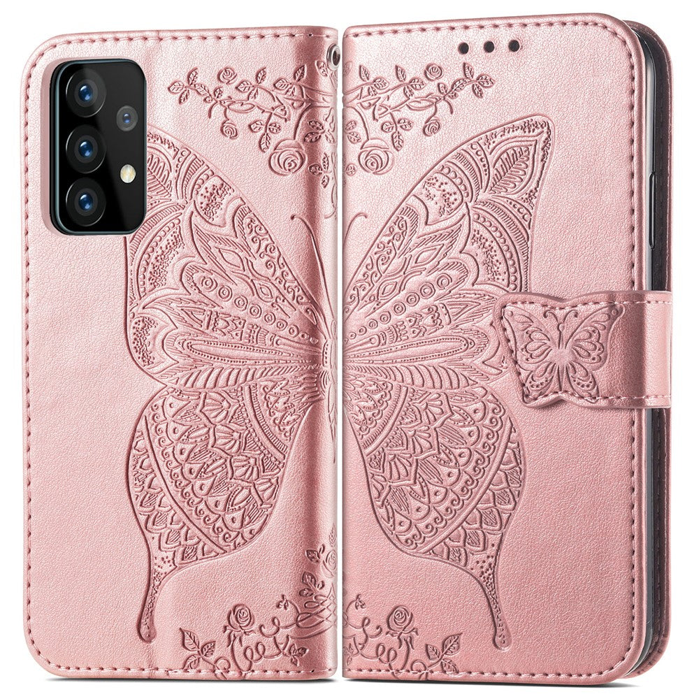 Imprint Big Butterfly Leather Wallet Phone Shell for Samsung Galaxy A52 4G/5G / A52s 5G