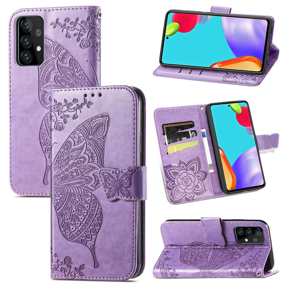 Imprint Big Butterfly Leather Wallet Phone Shell for Samsung Galaxy A52 4G/5G / A52s 5G