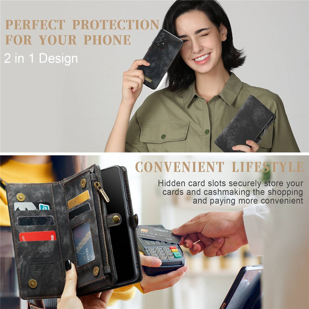 CASEME Multifunktionel pung 2-i-1 TPU + PU læder telefoncover med stativ til Samsung Galaxy A72 4G / 5G