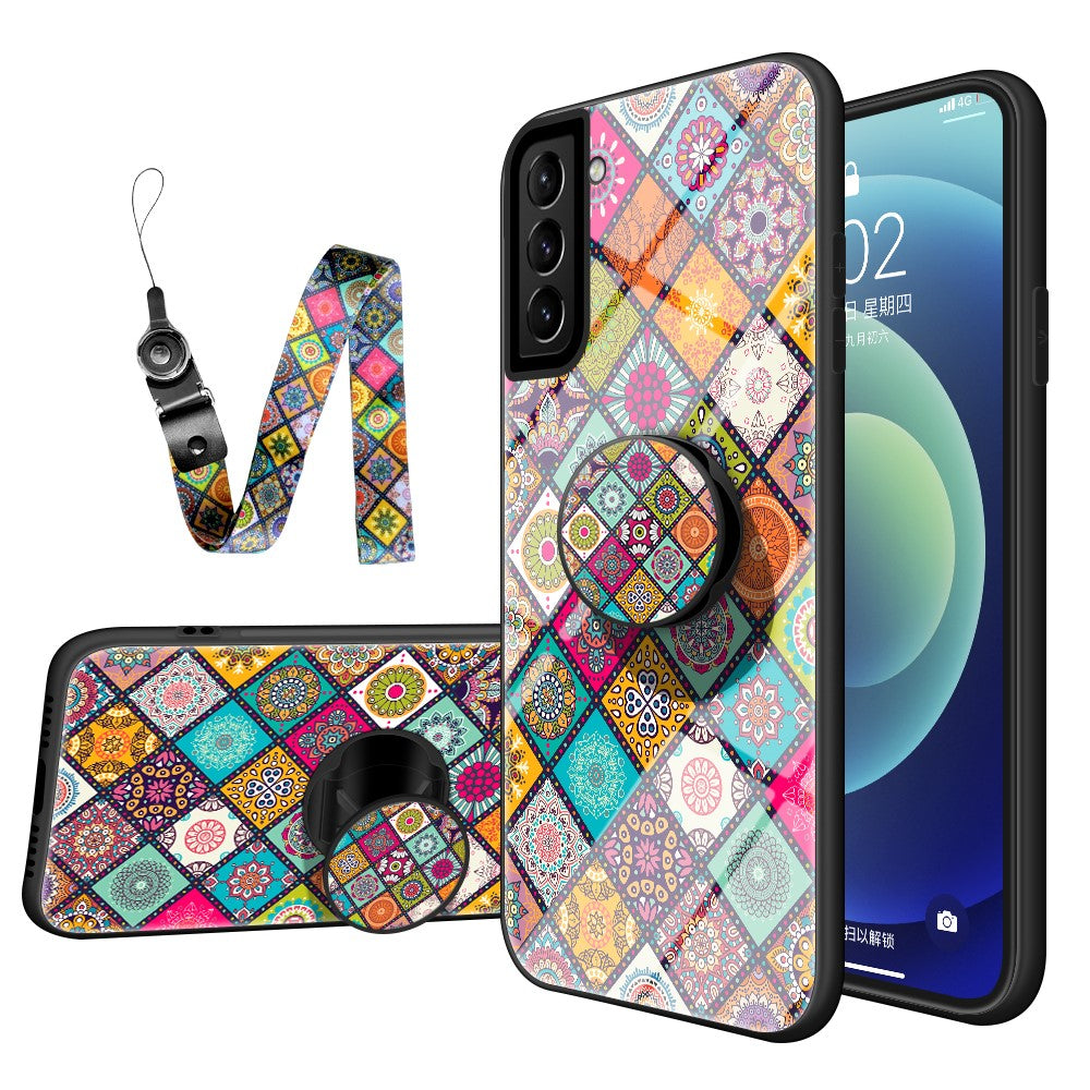 Colorful Flower Print Glass Hybrid Phone Cover Case with Kickstand Lanyard for Samsung Galaxy S21 4G/5G