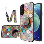 Färgglatt blommönster glashybridmobilskal med stativrem för Samsung Galaxy S21 4G/5G