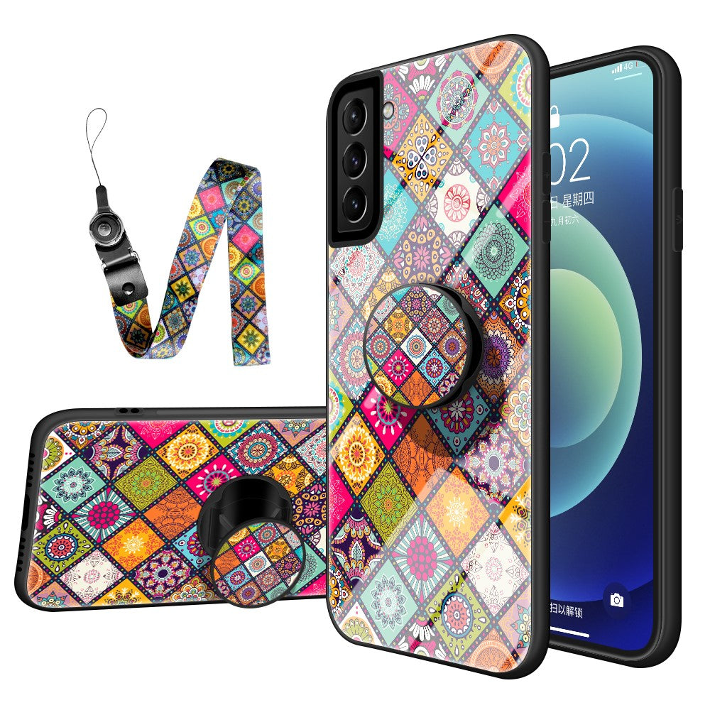 Färgglatt blommönster glashybridmobilskal med stativrem för Samsung Galaxy S21 4G/5G