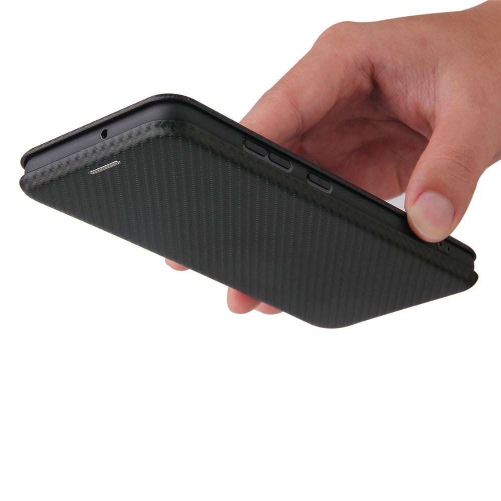 Selvabsorberende Stand Carbon Fiber Tekstur Læder Cover til Samsung Galaxy A32 4G (EU Version)