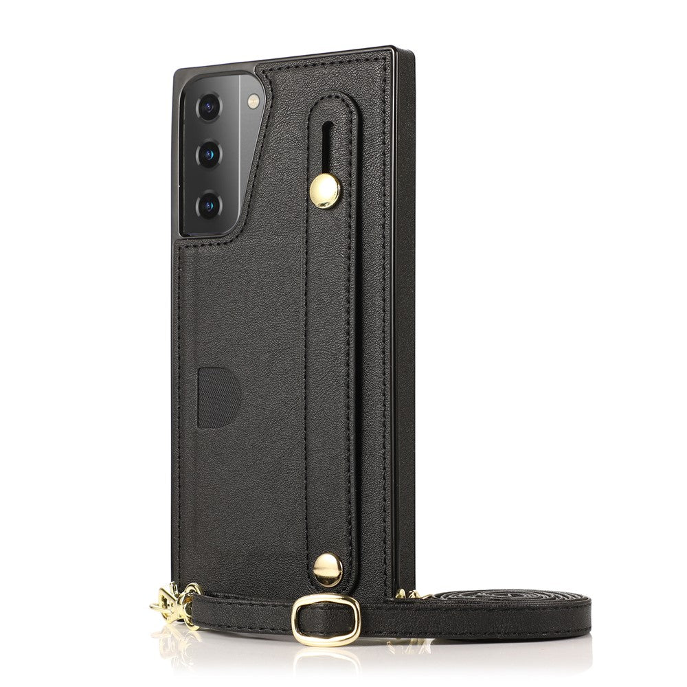 PU Leather Coated TPU Shell Case + Card Slots Hand Strap Kickstand for Samsung Galaxy S21 5G/4G