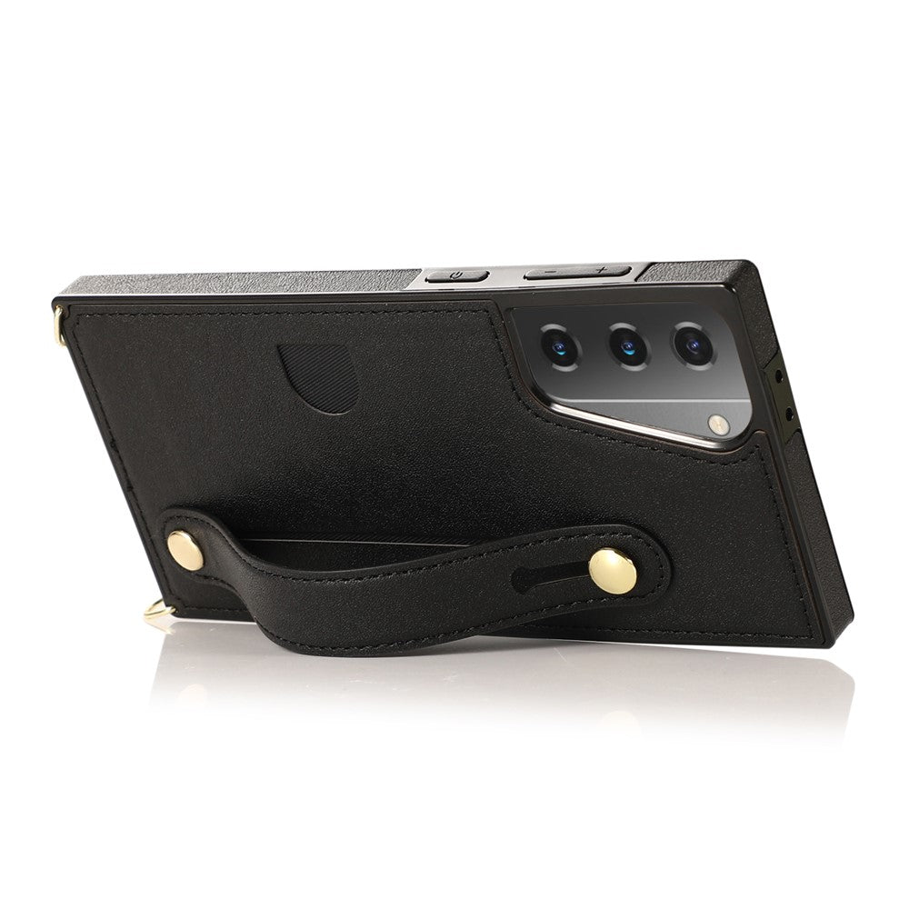 PU Leather Coated TPU Shell Case + Card Slots Hand Strap Kickstand for Samsung Galaxy S21 5G/4G