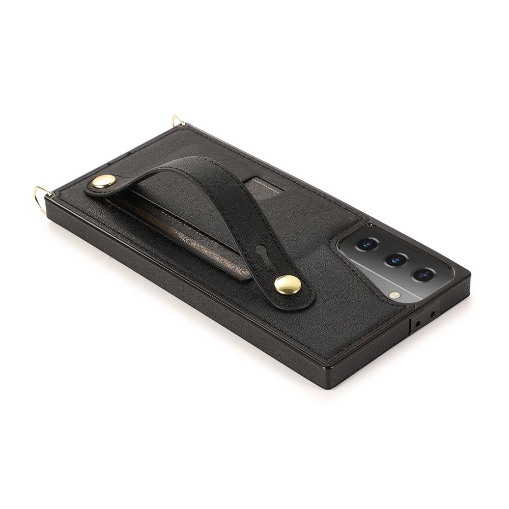 PU Leather Coated TPU Shell Case + Card Slots Hand Strap Kickstand for Samsung Galaxy S21 5G/4G