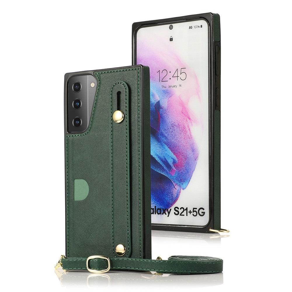 PU Leather Coated TPU Shell Case + Card Slots Hand Strap Kickstand for Samsung Galaxy S21 5G/4G