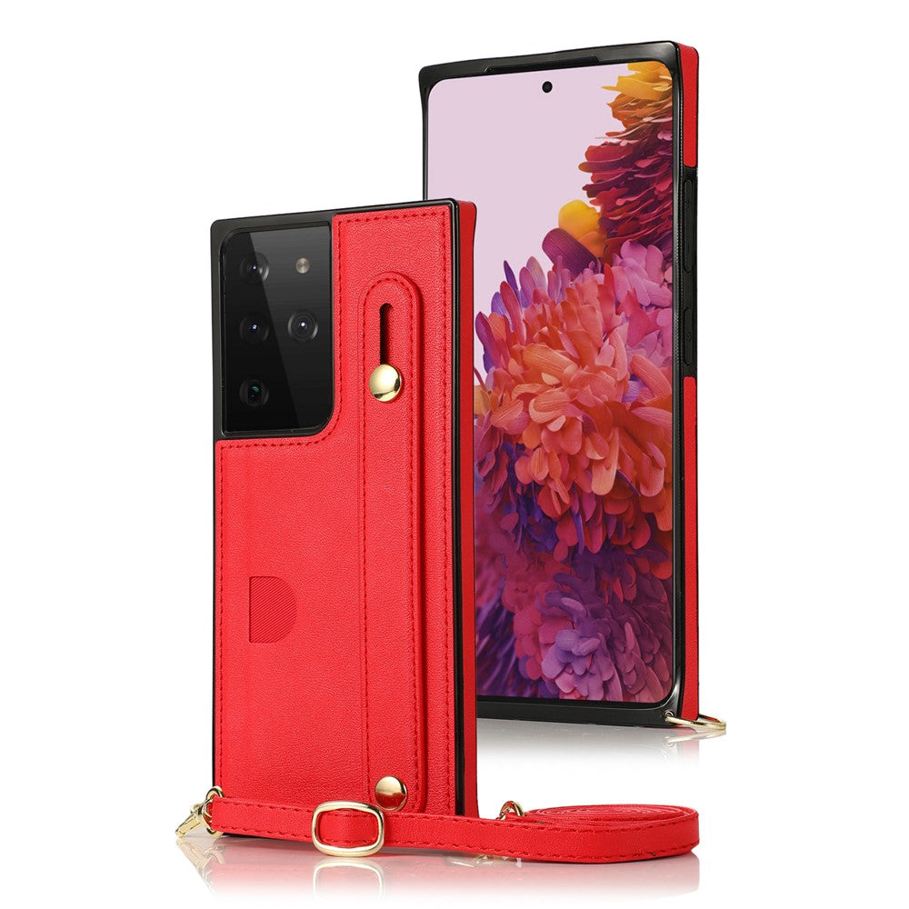 Hand Strap Kickstand Design PU Leather Coated TPU Shell Case + Card Slots for Samsung Galaxy S21 Ultra 5G