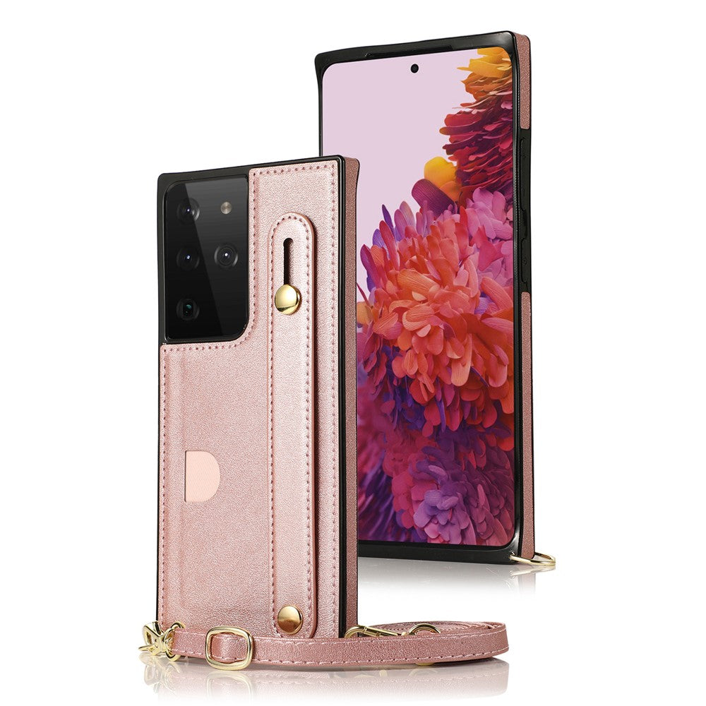 Hand Strap Kickstand Design PU Leather Coated TPU Shell Case + Card Slots for Samsung Galaxy S21 Ultra 5G