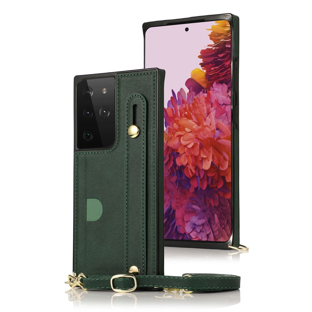 Hand Strap Kickstand Design PU Leather Coated TPU Shell Case + Card Slots for Samsung Galaxy S21 Ultra 5G
