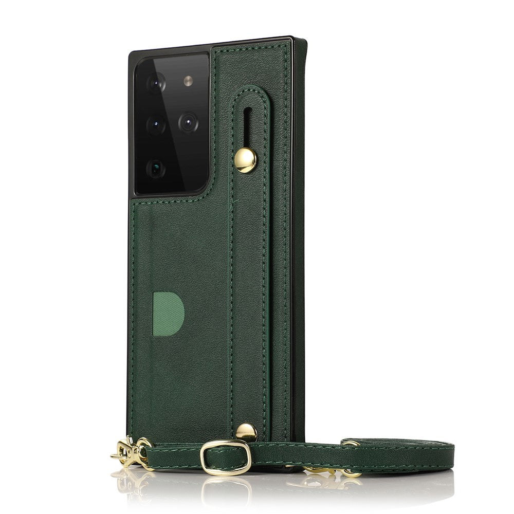 Hand Strap Kickstand Design PU Leather Coated TPU Shell Case + Card Slots for Samsung Galaxy S21 Ultra 5G