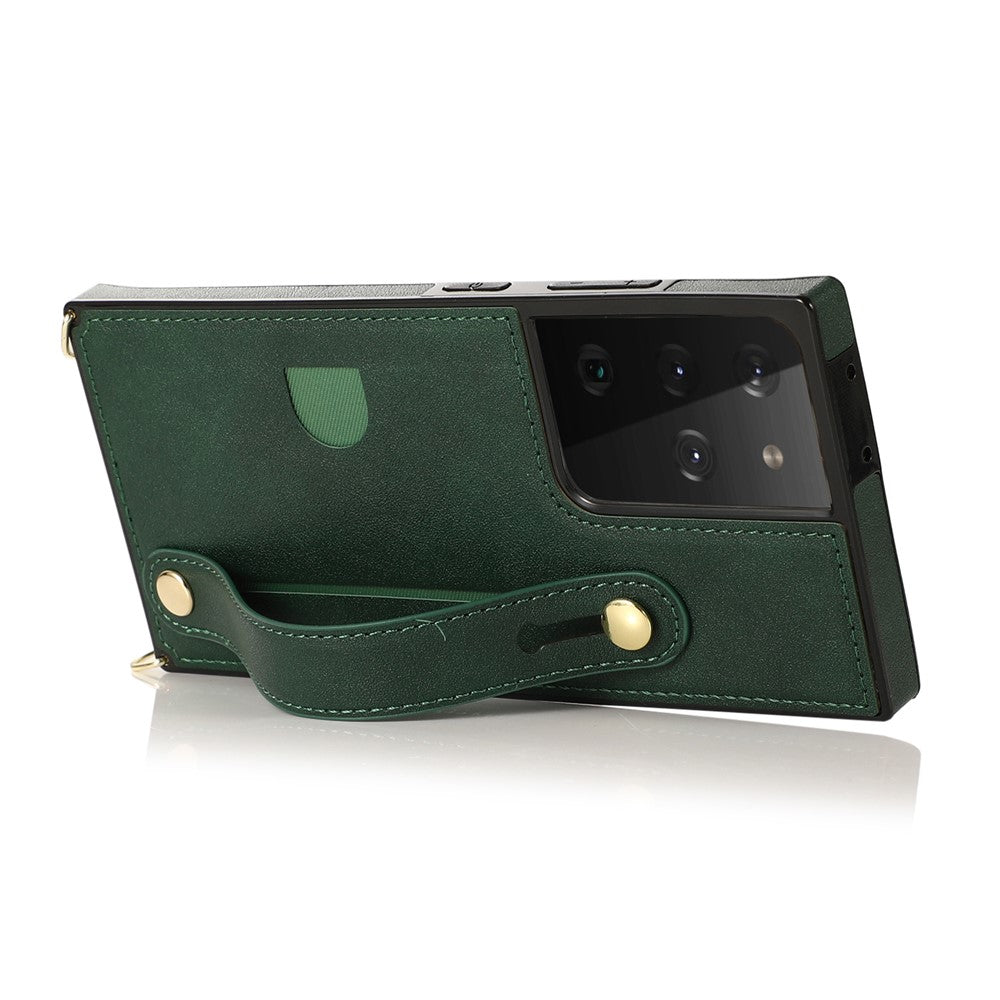 Hand Strap Kickstand Design PU Leather Coated TPU Shell Case + Card Slots for Samsung Galaxy S21 Ultra 5G
