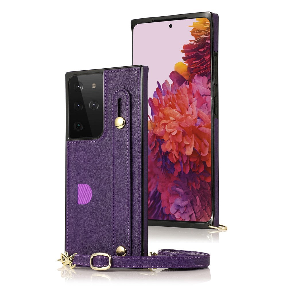 Hand Strap Kickstand Design PU Leather Coated TPU Shell Case + Card Slots for Samsung Galaxy S21 Ultra 5G