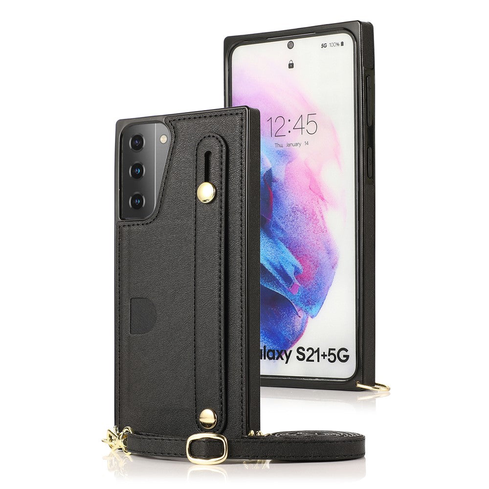 PU Leather Coated TPU Shell Case + Card Slots with Hand Strap Kickstand for Samsung Galaxy S21 Plus 5G