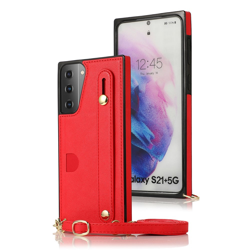 PU Leather Coated TPU Shell Case + Card Slots with Hand Strap Kickstand for Samsung Galaxy S21 Plus 5G
