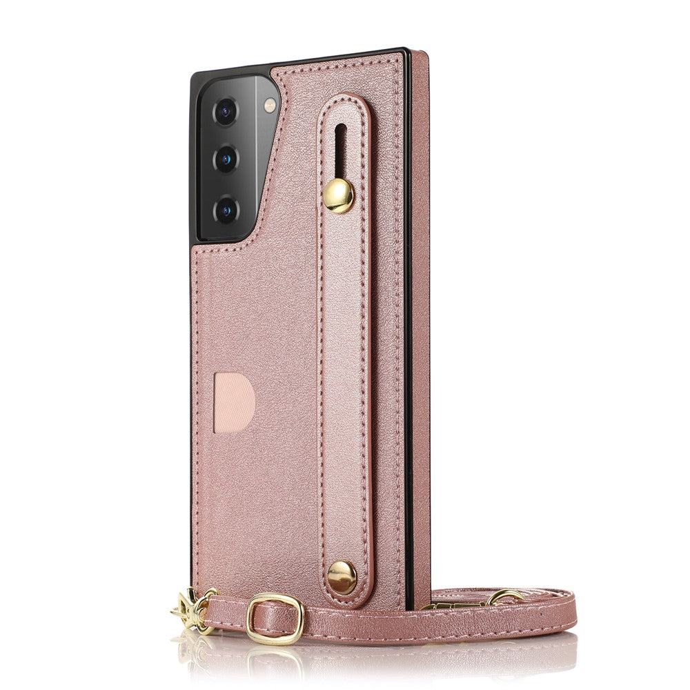 PU Leather Coated TPU Shell Case + Card Slots with Hand Strap Kickstand for Samsung Galaxy S21 Plus 5G