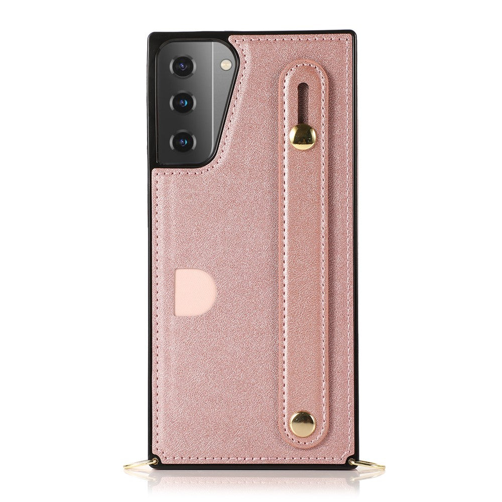 PU Leather Coated TPU Shell Case + Card Slots with Hand Strap Kickstand for Samsung Galaxy S21 Plus 5G