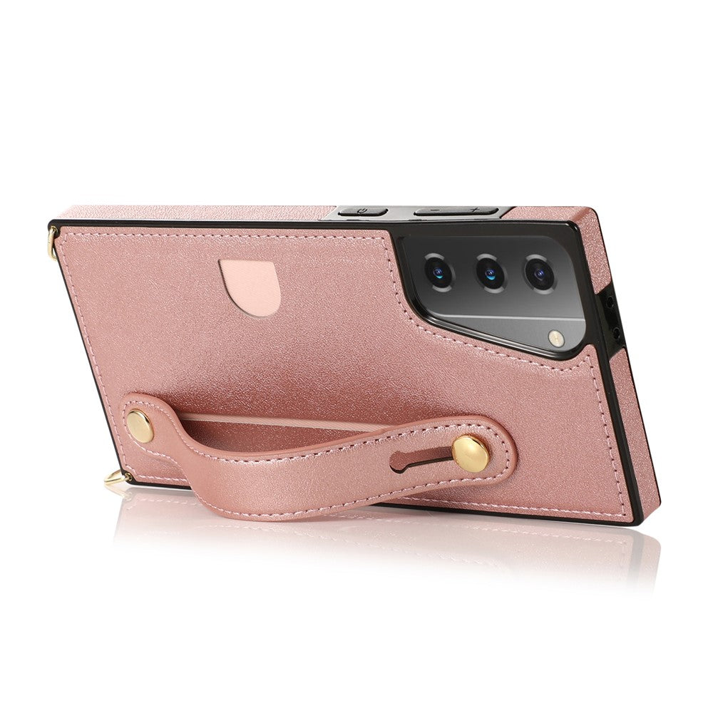 PU Leather Coated TPU Shell Case + Card Slots with Hand Strap Kickstand for Samsung Galaxy S21 Plus 5G