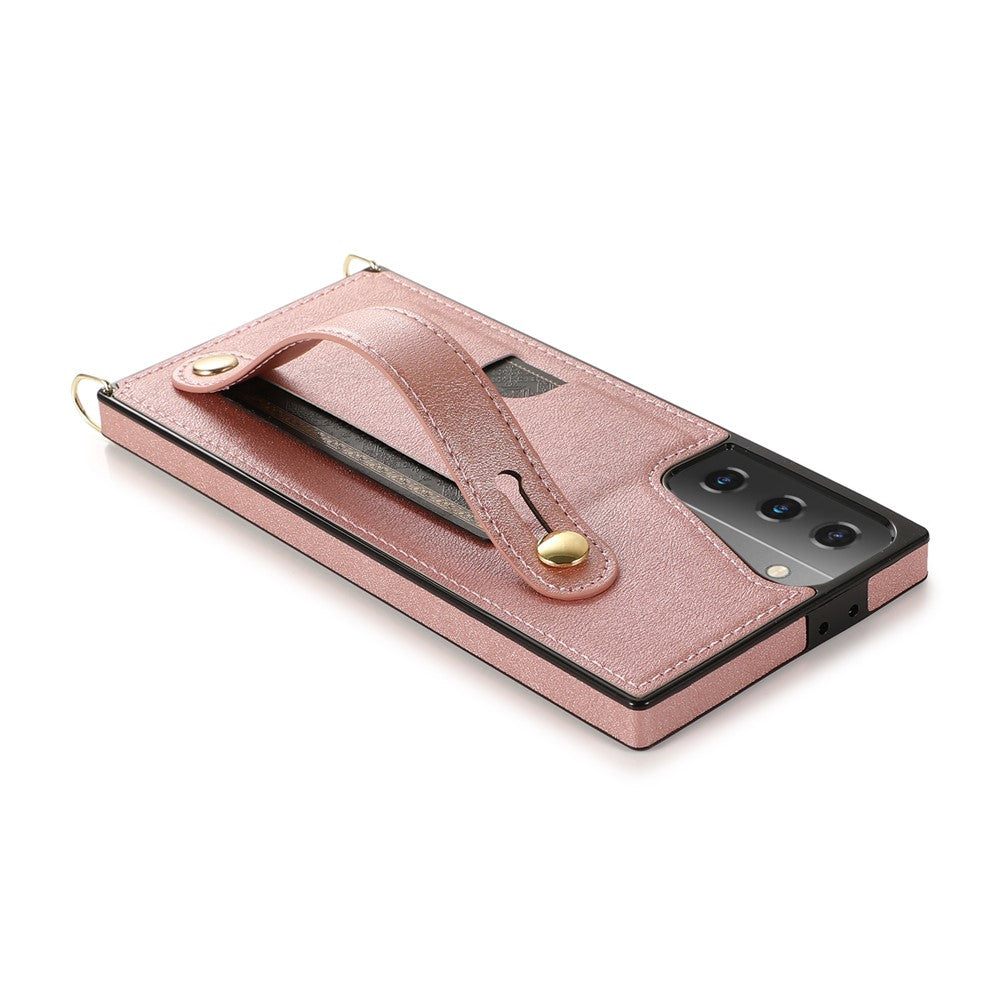 PU Leather Coated TPU Shell Case + Card Slots with Hand Strap Kickstand for Samsung Galaxy S21 Plus 5G