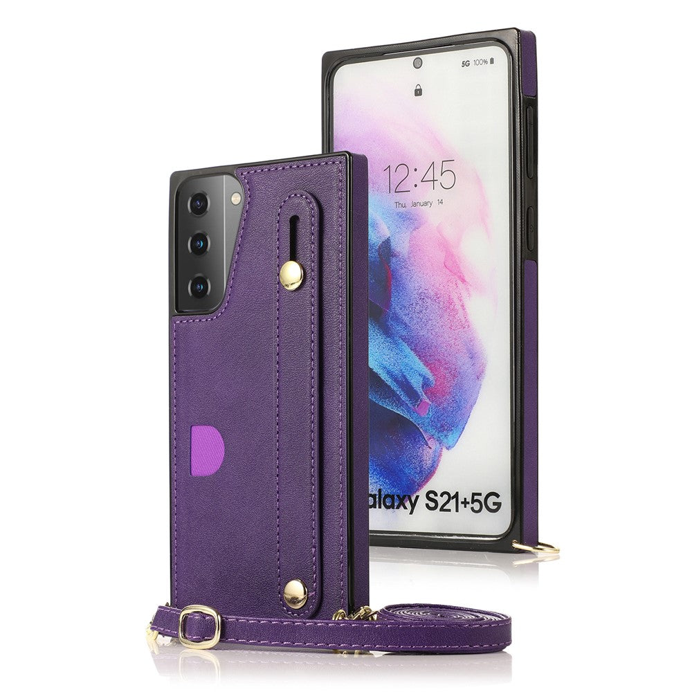 PU Leather Coated TPU Shell Case + Card Slots with Hand Strap Kickstand for Samsung Galaxy S21 Plus 5G