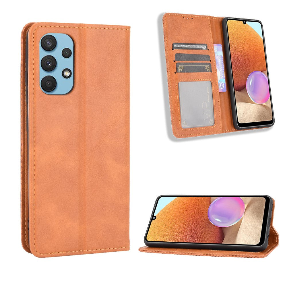 Auto-Absorbed Magnetic Vintage Style Wallet Stand Phone Case Cover for Samsung Galaxy A32 4G (EU Version)