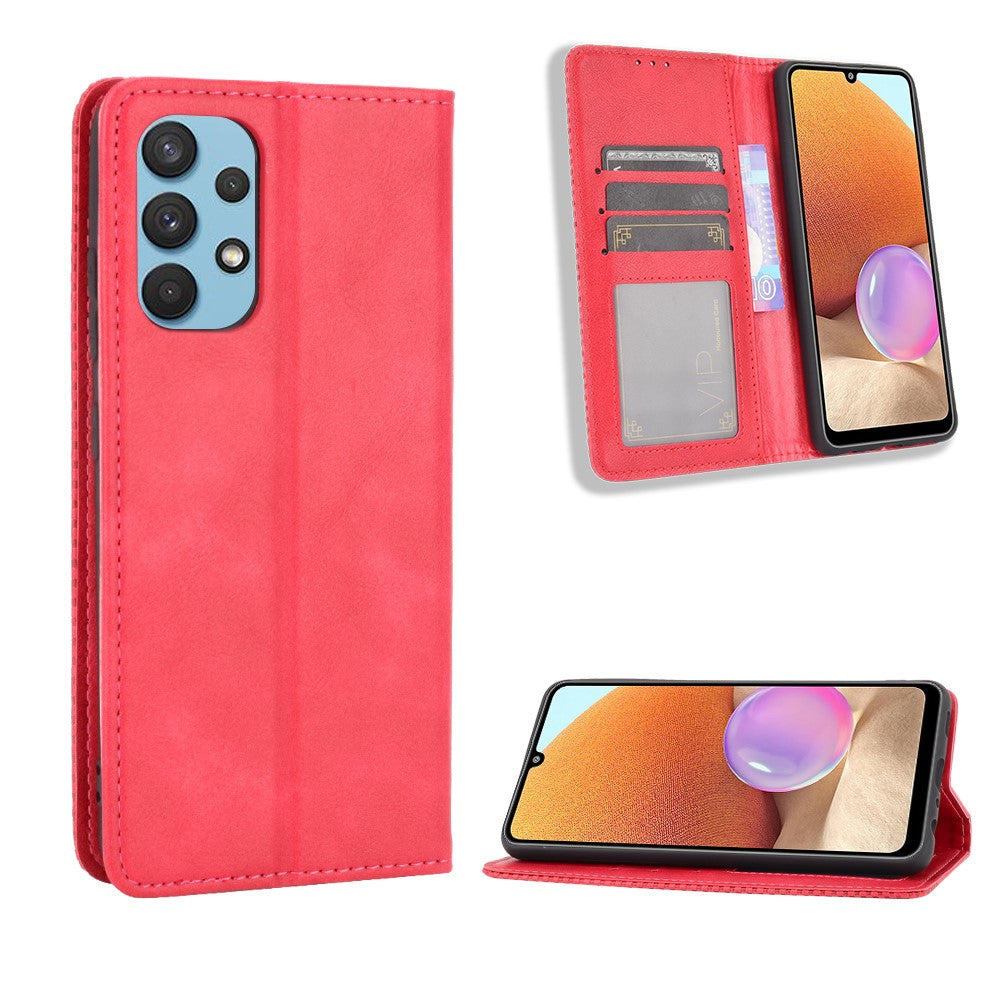 Auto-Absorbed Magnetic Vintage Style Wallet Stand Phone Case Cover for Samsung Galaxy A32 4G (EU Version)