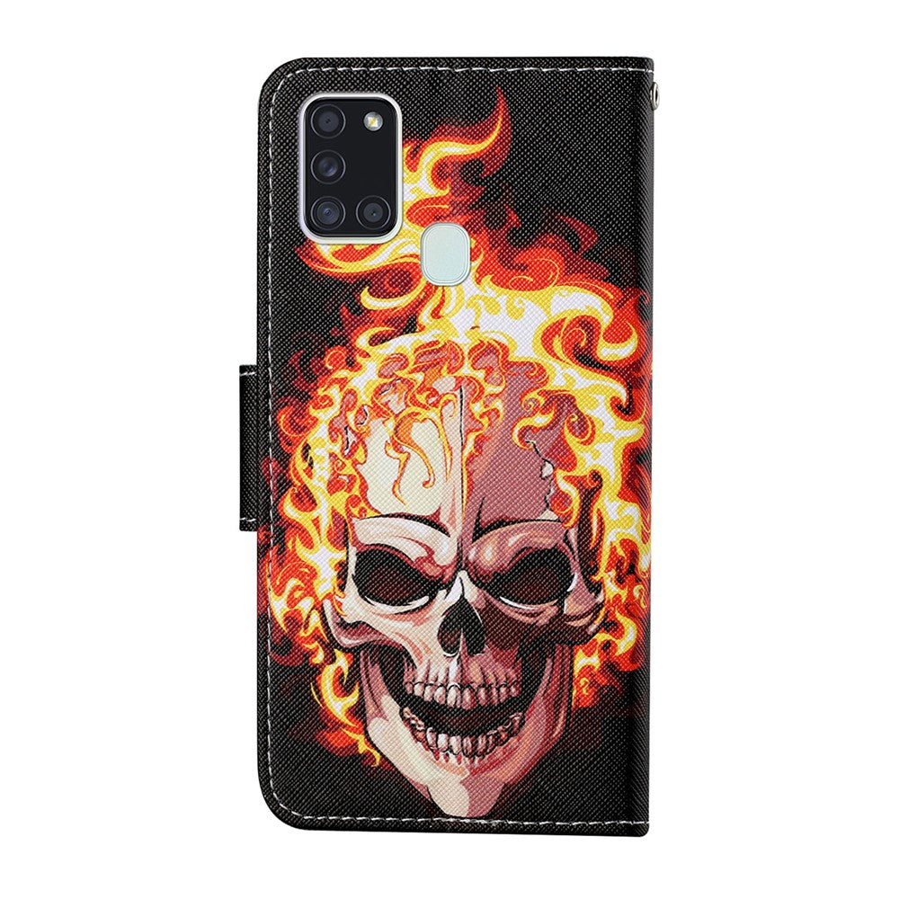 Pungetuidesign lædertelefoncover med mønstertryk og lanyard til Samsung Galaxy A21s