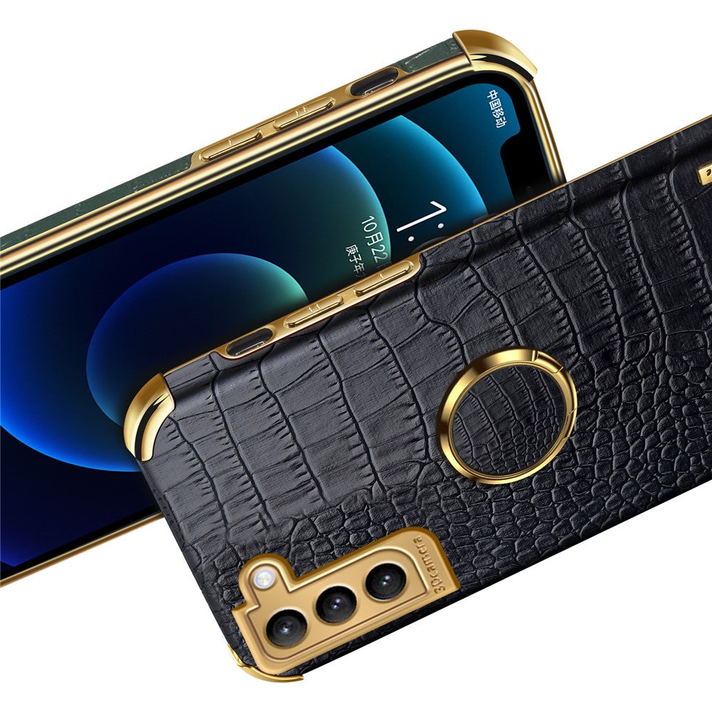 Exakt utskuret elektroplätering med krokodilstruktur i PU-läder och TPU-beläggning med ringhållare för Samsung Galaxy S21 Plus 5G
