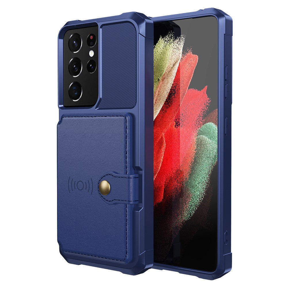 Kickstand Leather Coated TPU Protector Cover with Card Holder [Built-in Magnetic Sheet] for Samsung Galaxy S21 Ultra 5G