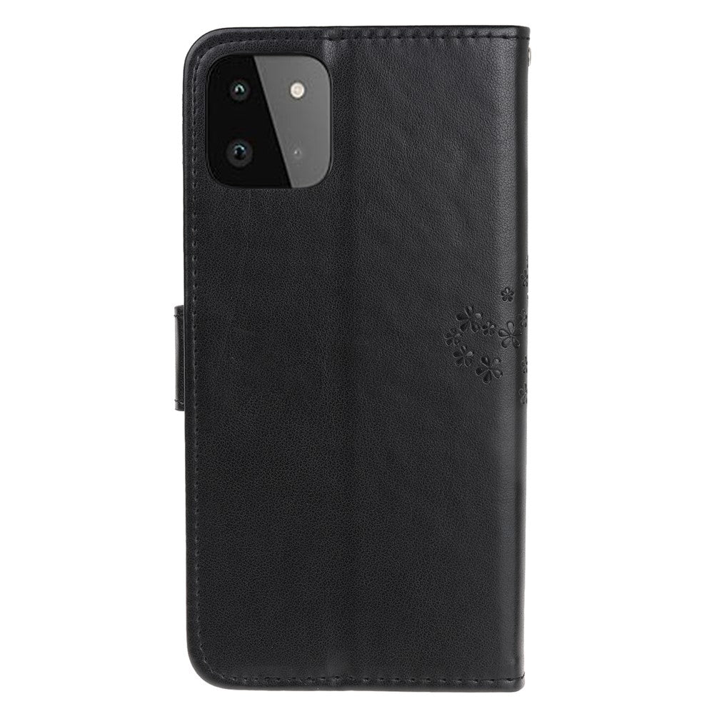 Ugletræ Mønster Præg Læderpung Stativ Etui til Samsung Galaxy A22 5G (EU Version)