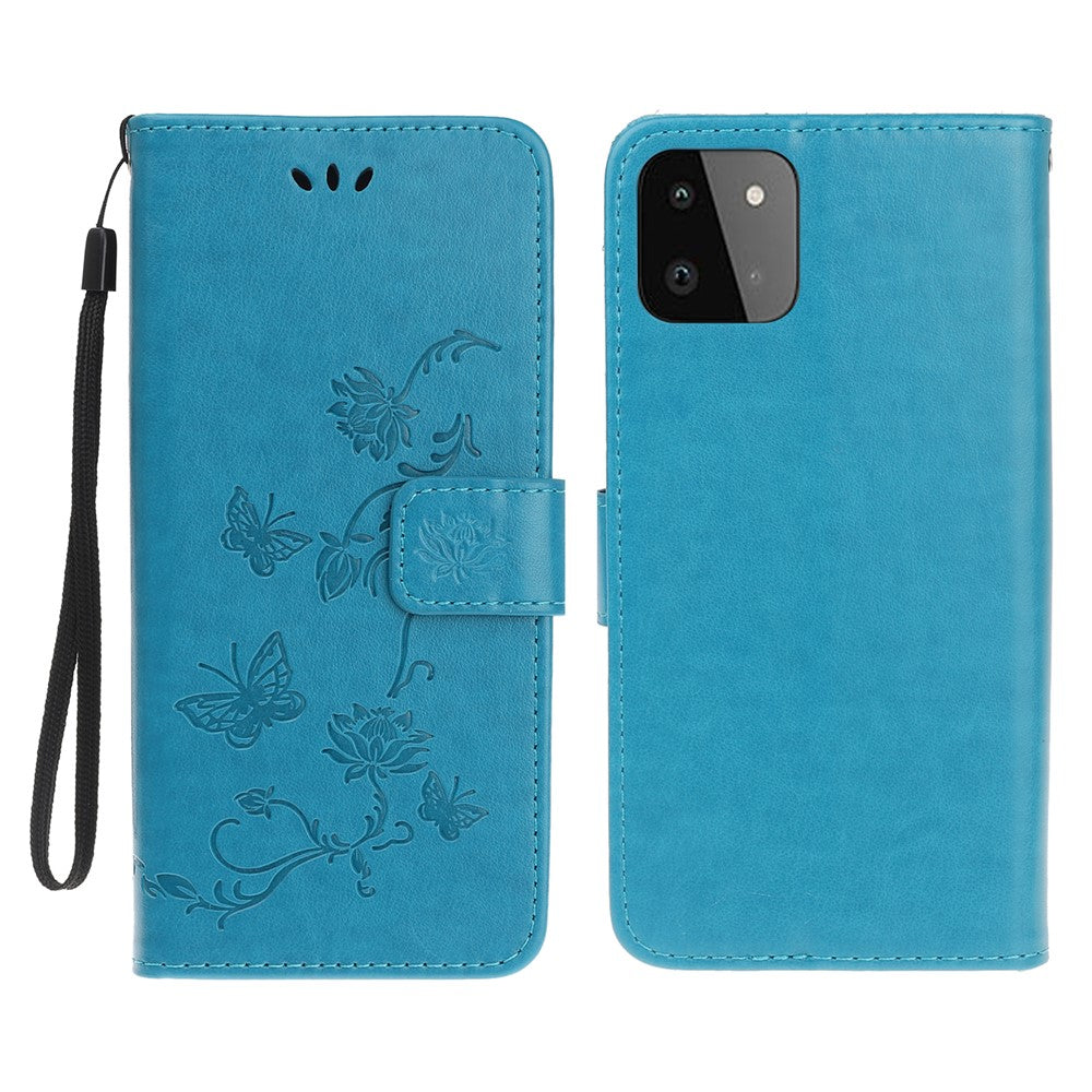 Pung Design Stilfuld Sommerfugle Blomster Prægning Læder Telefoncover til Samsung Galaxy A22 5G (EU Version)