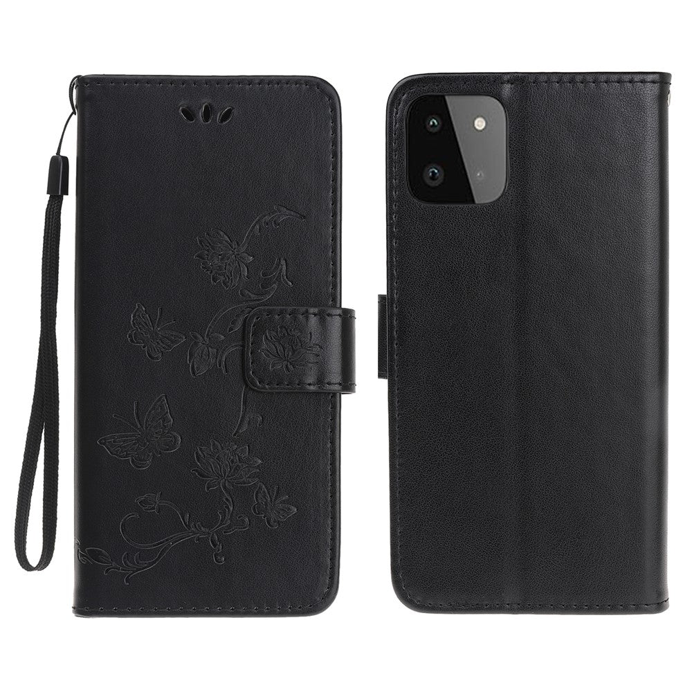 Pung Design Stilfuld Sommerfugle Blomster Prægning Læder Telefoncover til Samsung Galaxy A22 5G (EU Version)