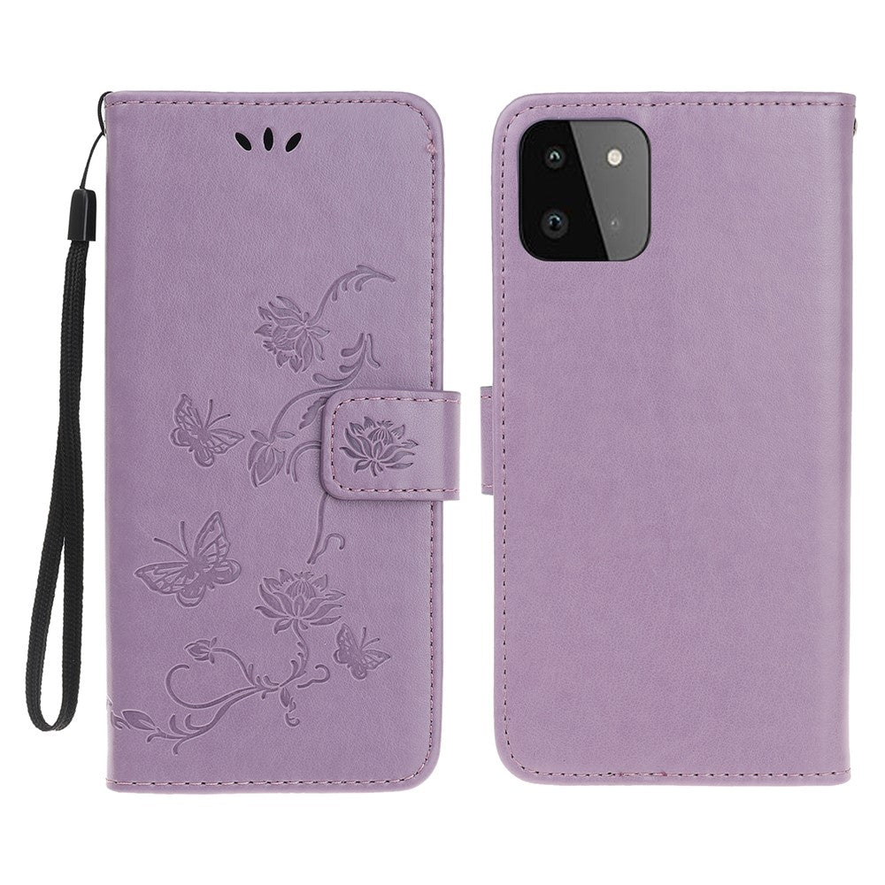 Pung Design Stilfuld Sommerfugle Blomster Prægning Læder Telefoncover til Samsung Galaxy A22 5G (EU Version)