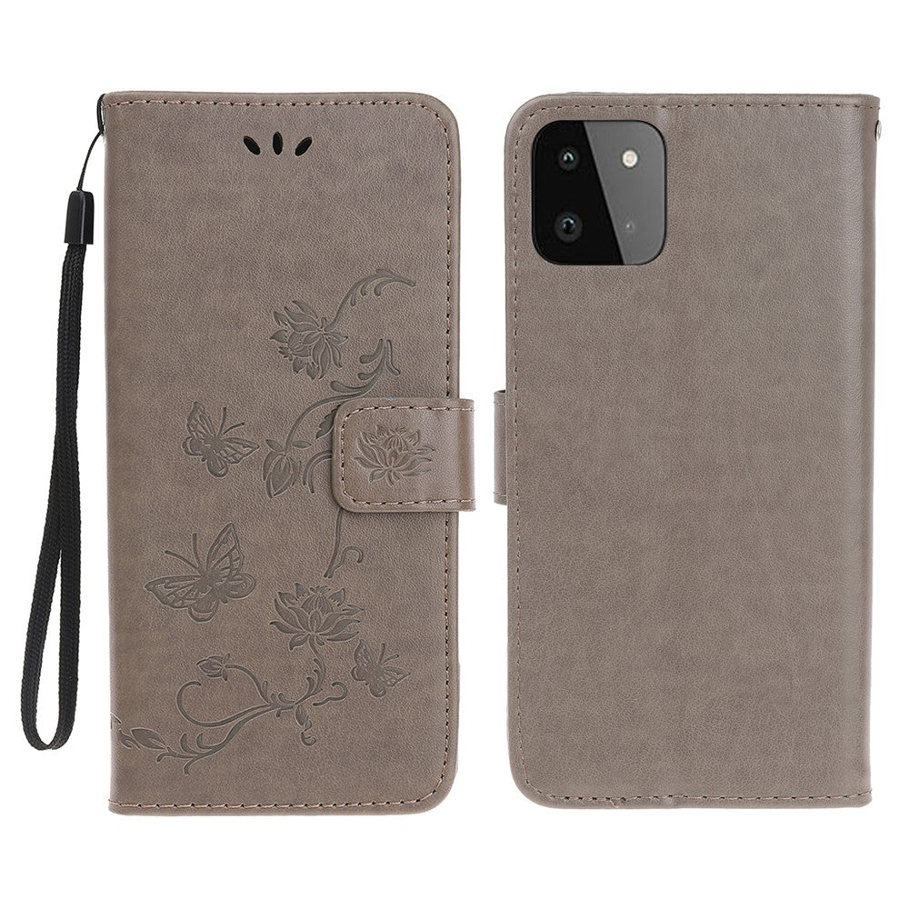 Pung Design Stilfuld Sommerfugle Blomster Prægning Læder Telefoncover til Samsung Galaxy A22 5G (EU Version)