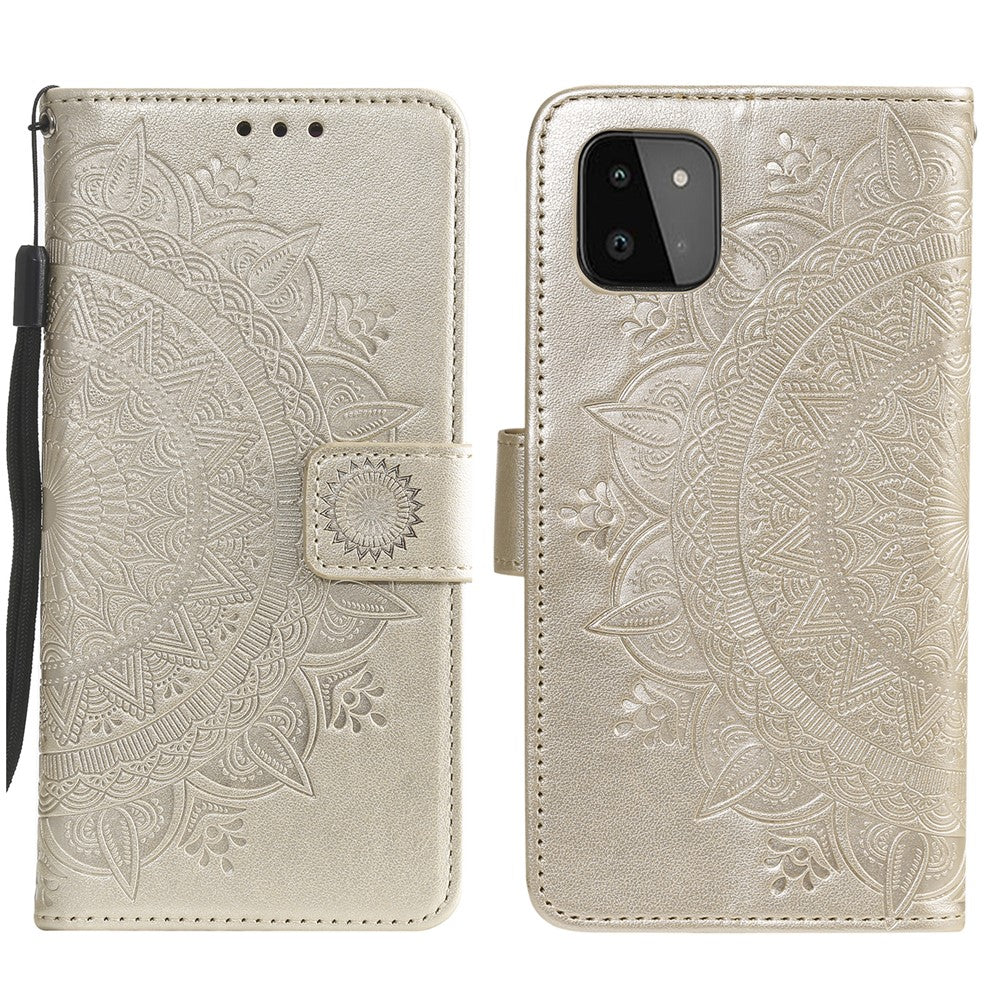 Imprinted Mandala Flower Wallet Design Leather Case with Strap for Samsung Galaxy A22 5G (EU Version)