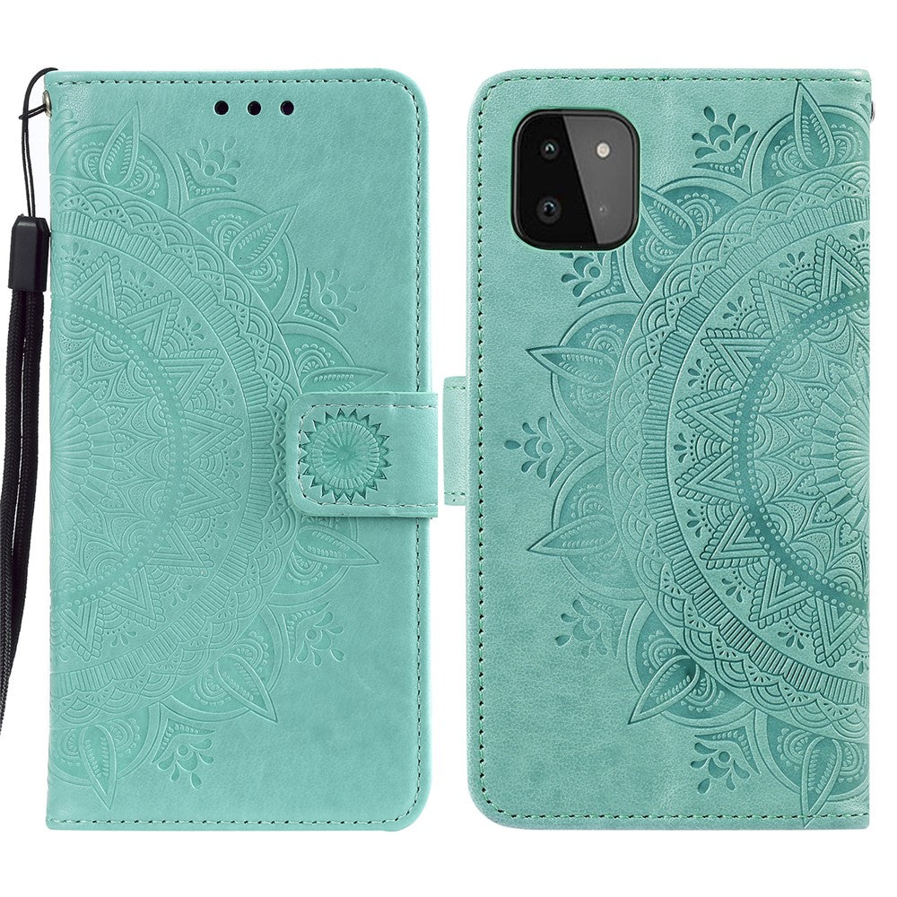 Imprinted Mandala Flower Wallet Design Leather Case with Strap for Samsung Galaxy A22 5G (EU Version)
