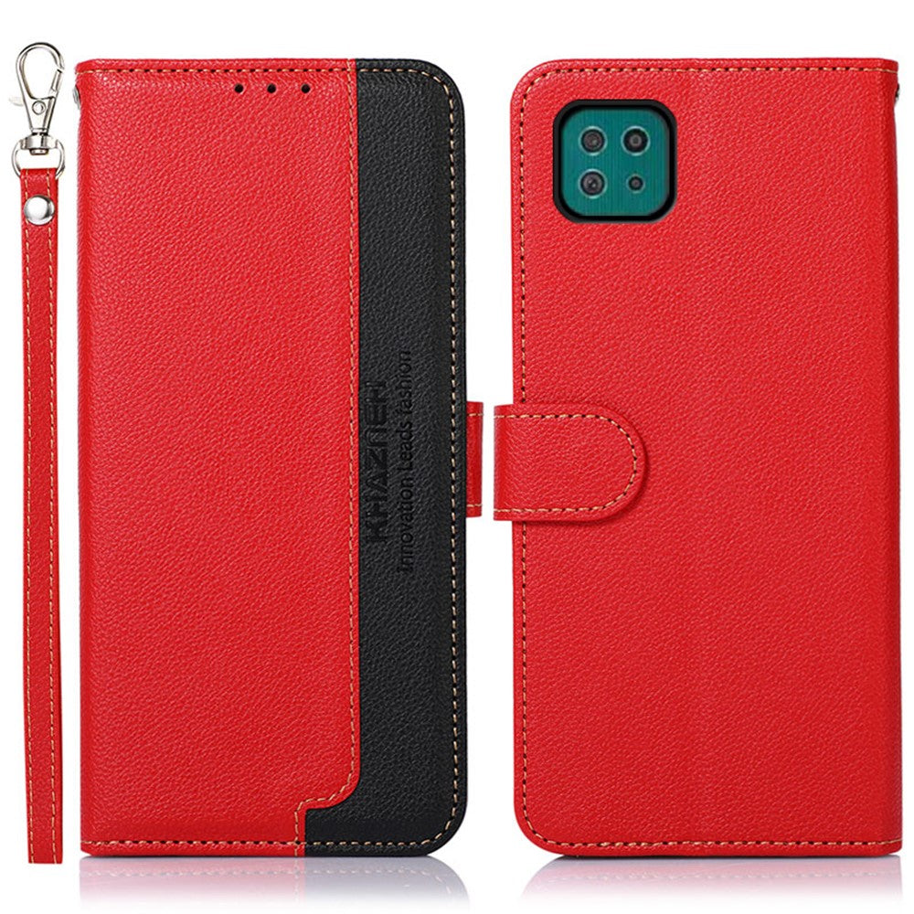 KHAZNEH Litchi Skin Leather Phone Shell Wallet Stand Design Case with RFID Blocking Anti-theft Swiping Design for Samsung Galaxy A22 5G (EU Version)