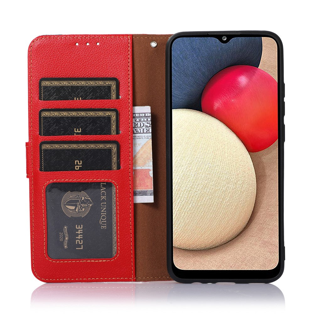 KHAZNEH Litchi Skin Leather Phone Shell Wallet Stand Design Case with RFID Blocking Anti-theft Swiping Design for Samsung Galaxy A22 5G (EU Version)